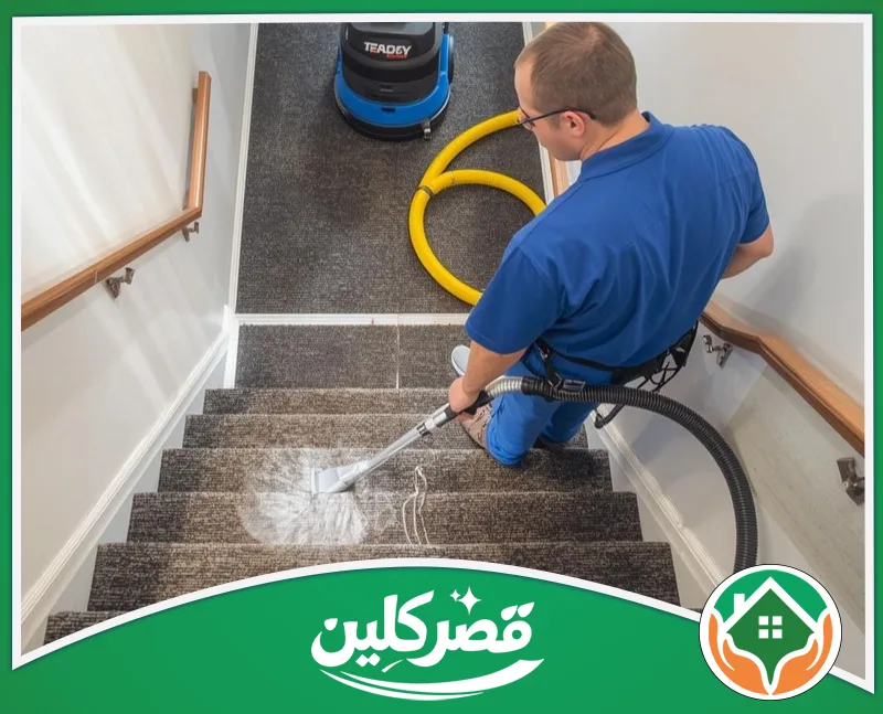 تنظيف السلالم في العمائر بالرياض 0550575548 قصر كلين عامل يرتدي زيًا أزرق يستخدم آلة متطورة لغسيل موكيت الدرج، مع وجود رغوة تنظيف بيضاء تزيل الأوساخ بفعالية.